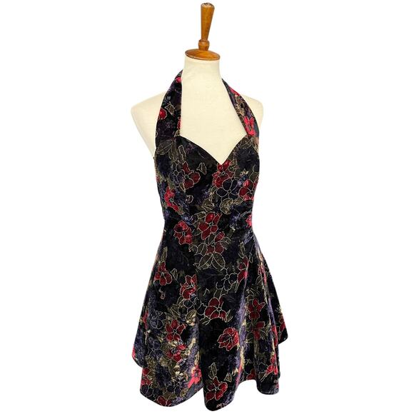 Vintage 90s Y2K Rampage Dark Romantic Whimsigoth Floral Halter Mini Dress - Picture 3 of 8